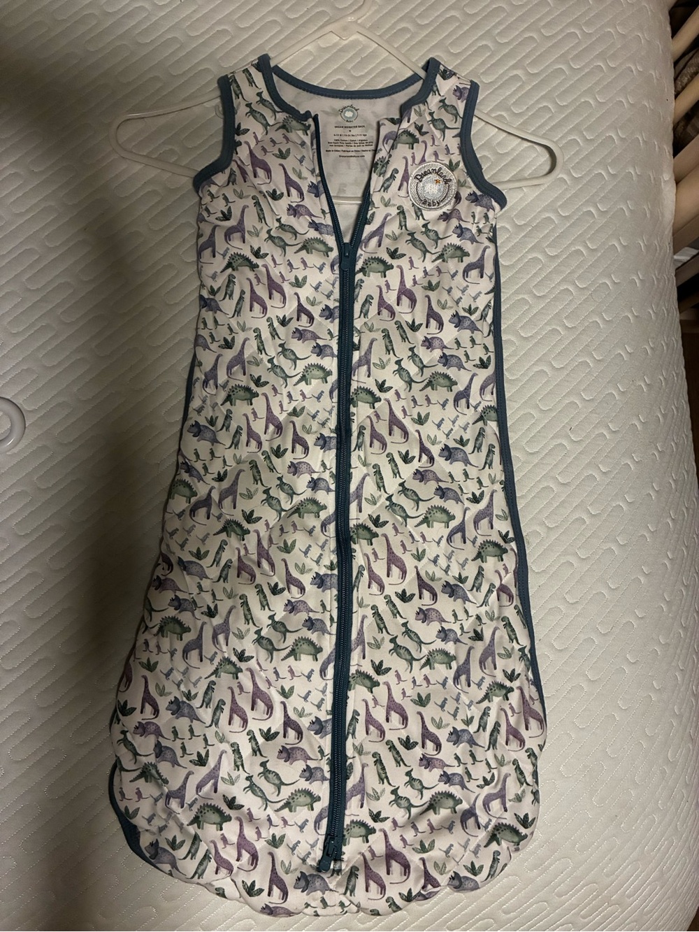 Sleeveless Dino Print Sleep Sack - White with Green & Purple Accents